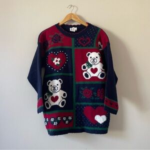 Vintage knitted bears and hearts acrylic sweater